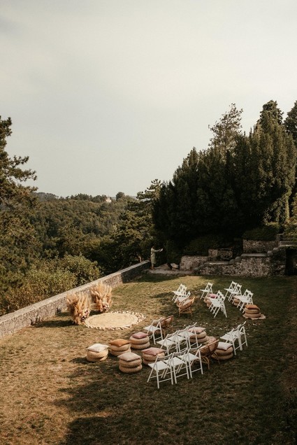 Modern bohemian wedding ceremony with pampas grass
