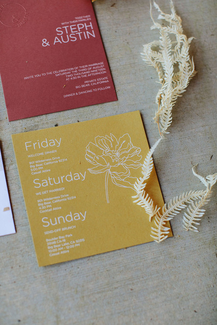 mustard + burgundy wedding invitations