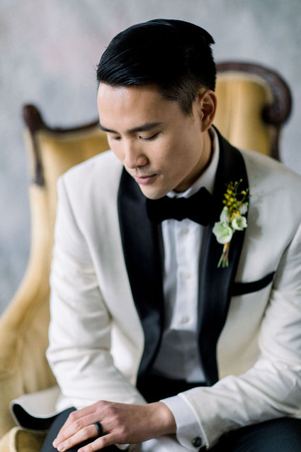 white tux with yellow boutonniere Inspiration