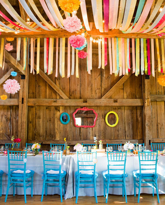 Cheerful Multi Colored Poms and Streamers Reception Decor