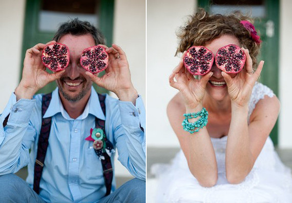 Fun Pomegranate Bride and Groom Portrait