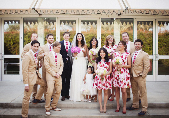 Red, Pink, and Neutral Stripes and Florals Bridal Party