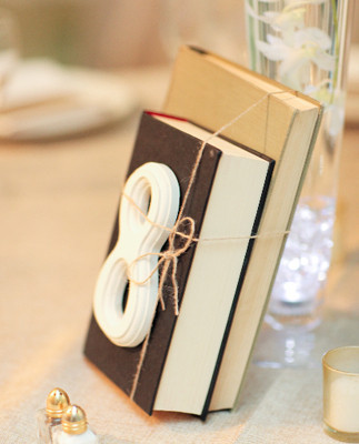 Books and twine reception decor