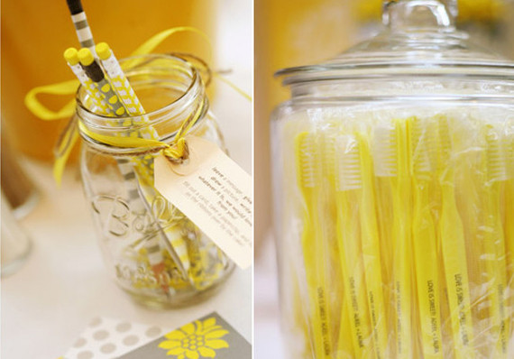 Yellow toothbrush and pencil favors