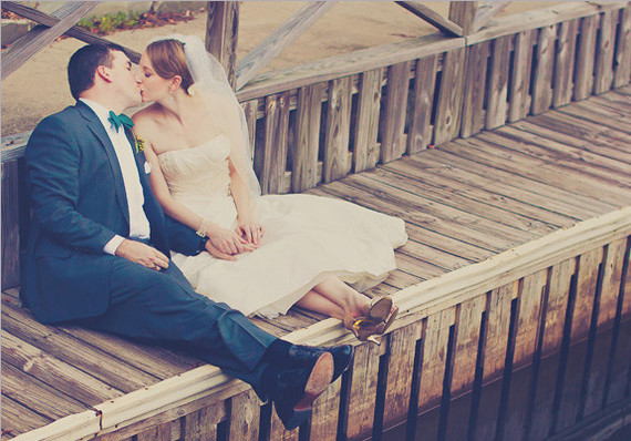 Lake-front wedding couple portrait