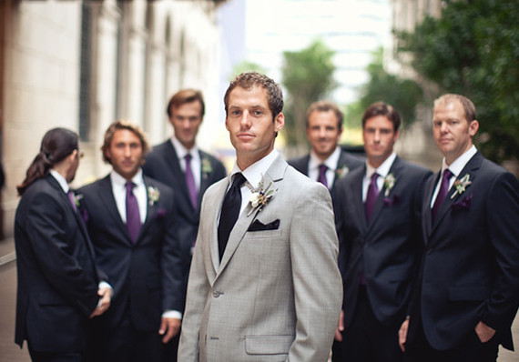 Grey and purple groom and groomsmen attire