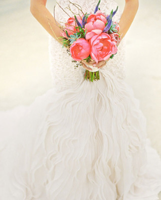 Beautiful lacey flowy dress with pink bouquet