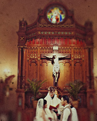 Groom and bride portrait in church