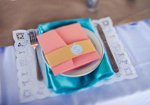 Shiny Blue Napkin and Coral Menu