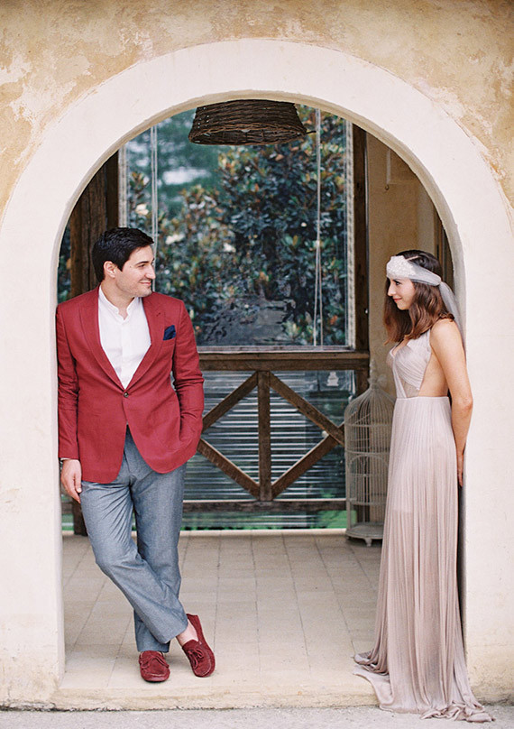 Red and Gray Groom with Champagne Bride