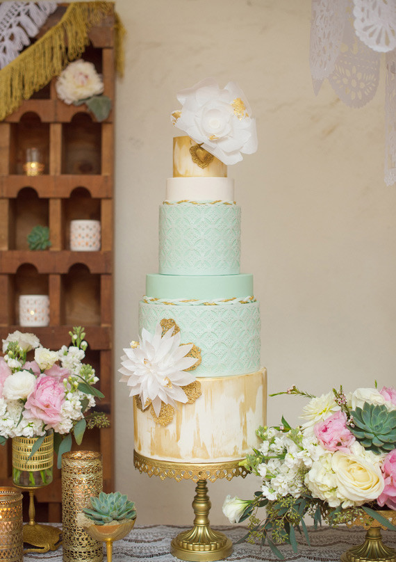 Latin Inspired Mint and Gold Tiered Cake