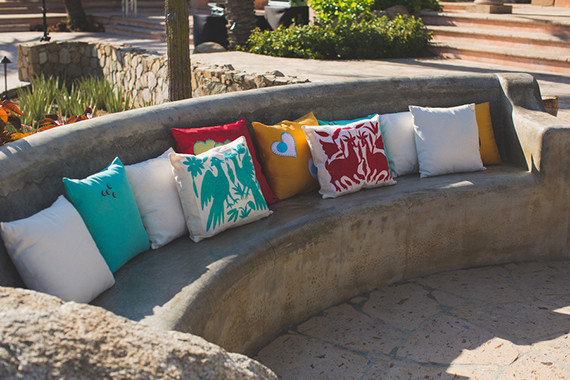 Stone Bench with Colorful Pillows