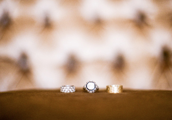 Thick gold band and geometric diamond rings