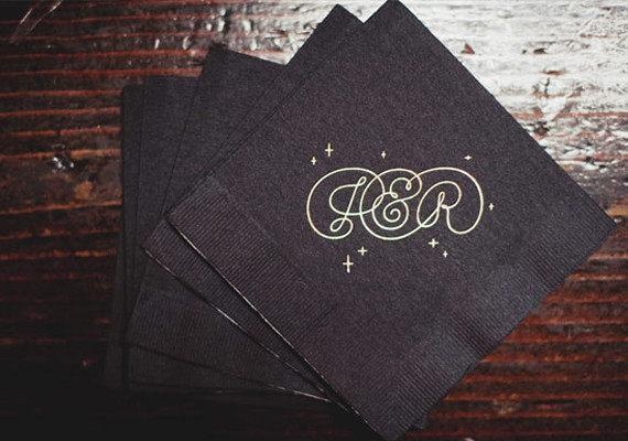 Black and Gold Custom Monogram Cocktail Napkins
