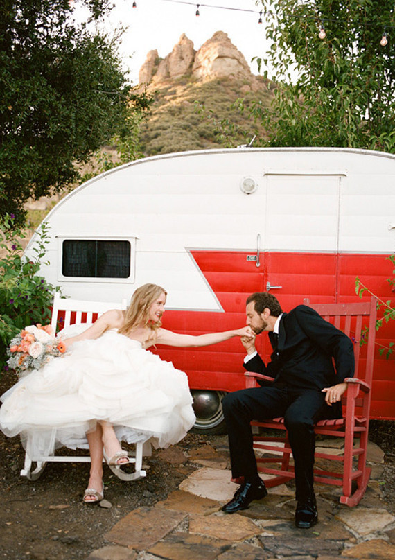 Red and White Trailer Wedding Portrait