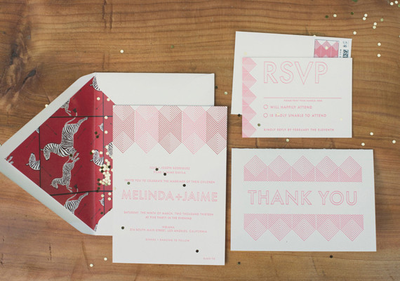 Geometric Pink Invitations with Zebra Envelope Liners Inspiration
