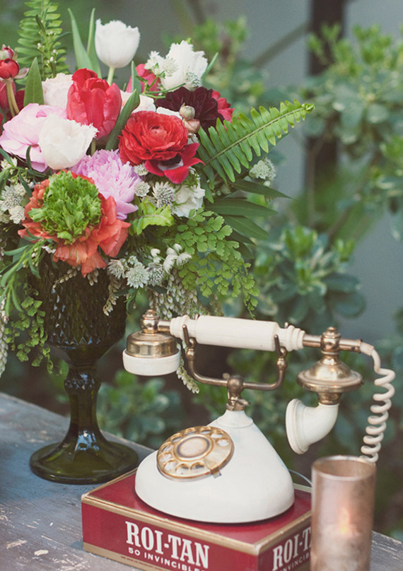 Vintage Phone and Green Stemmed Glass Arrangement