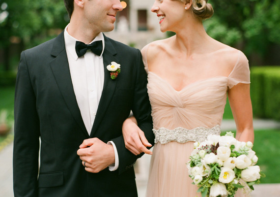 Reem Acra Belted Gown and Black Tux and Bowtie