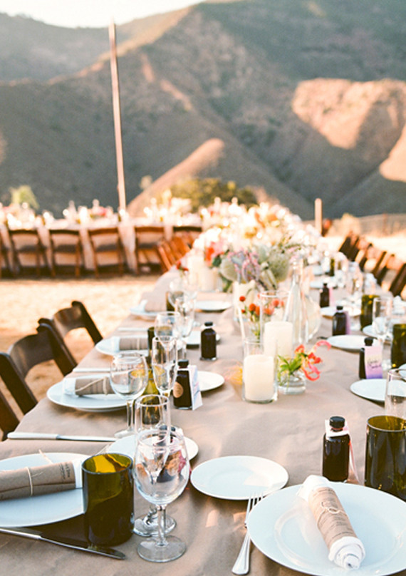 mountain-view tablescape with green water glasses