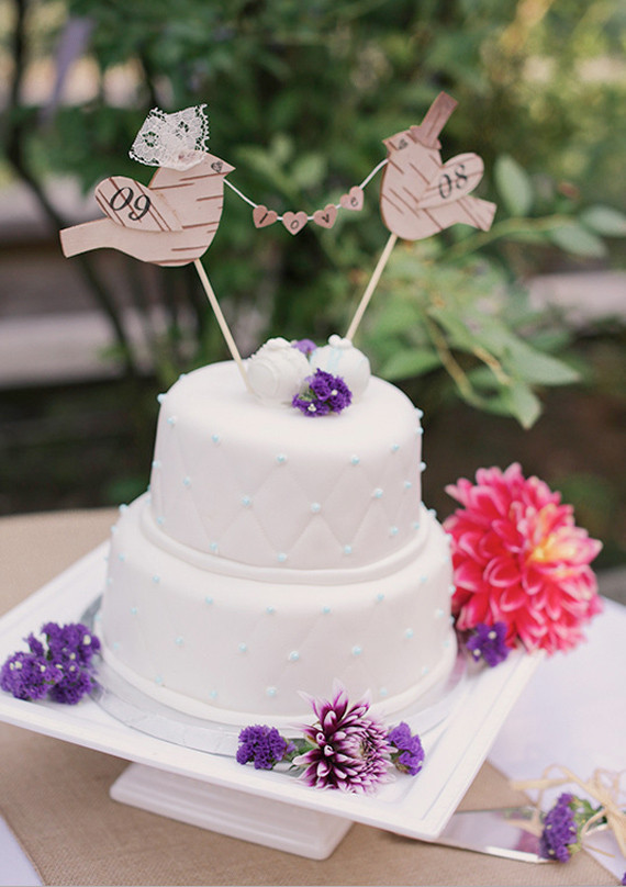 White and Purple Cake with Bird Cake Topper