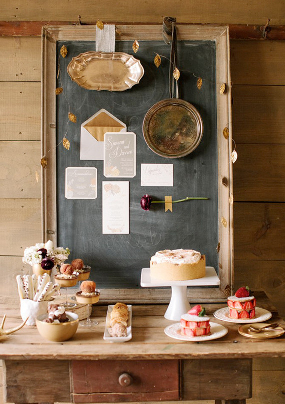 rustic chalkboard stationery and dessert table