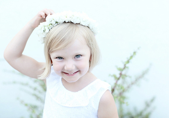 white flower girl dress and floral crown