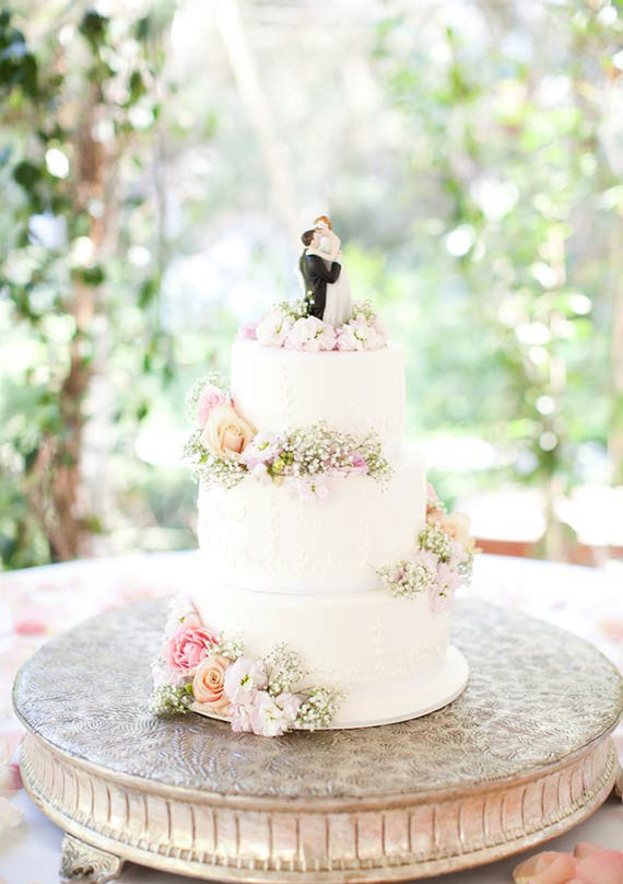 Classic Three-Tier White Cake with Pink Roses