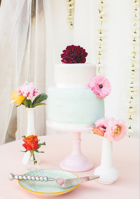 Aqua and White Cake with Red and Pink Dahlias