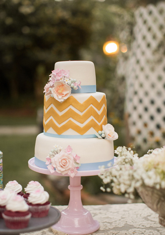 Yellow Chevron and Blue Ribbon Cake