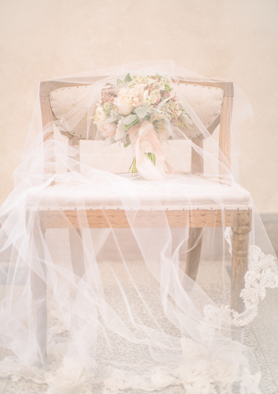 Soft Peach Wedding Florals with Veil Inspiration