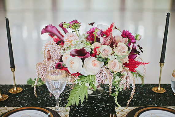 Light pink and maroon floral centerpiece Inspiration