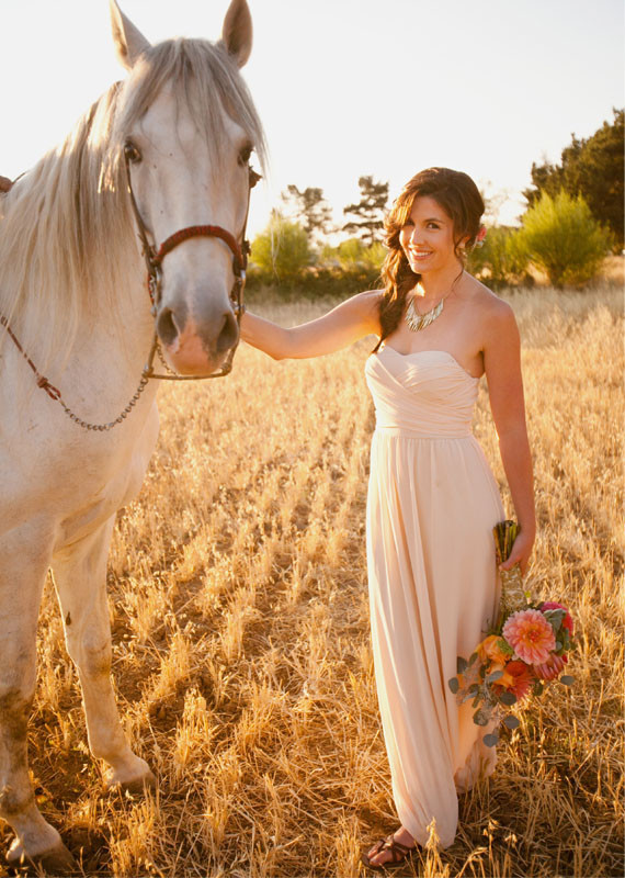 Bride with horse in a field