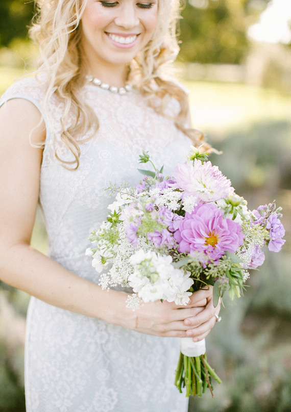 Lavender farm wedding inspired bride with purple bouquet