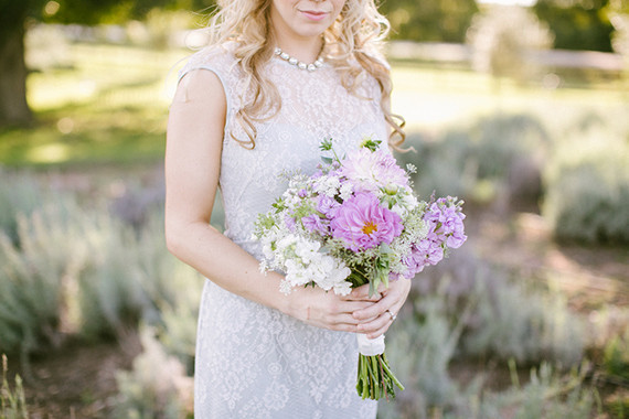 Lavender farm wedding inspired bride with purple bouquet