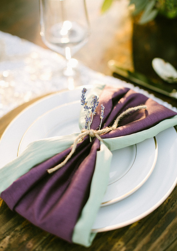 Purple and mint napkin tied with twine and lavender