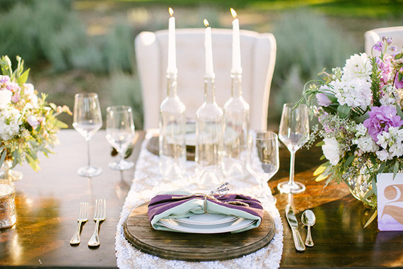 Lavender farm wedding inspiration place setting with candles