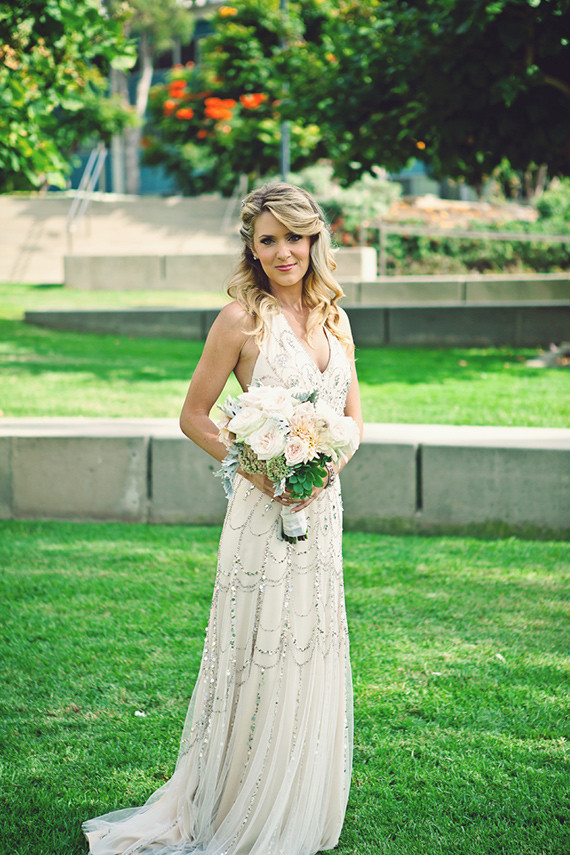 Bride in cream sequin wedding dress