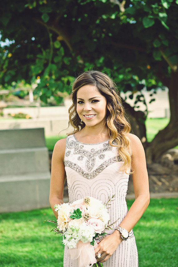 Bridesmaid with pink bouquet