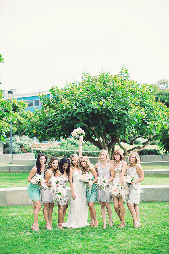 Teal and tan bridesmaid dresses