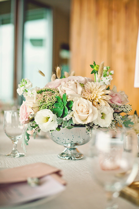 White and pink centerpiece with silver vase