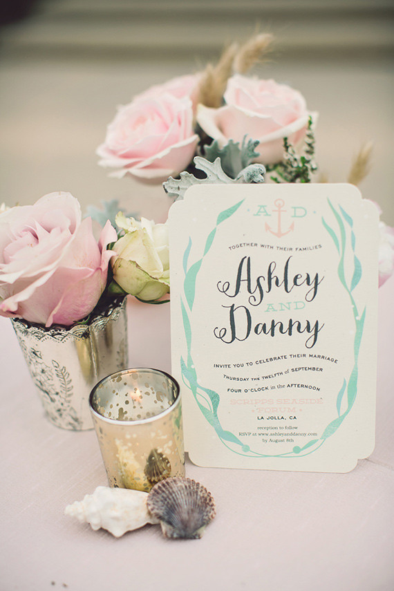 Aqua and pink wedding invitation