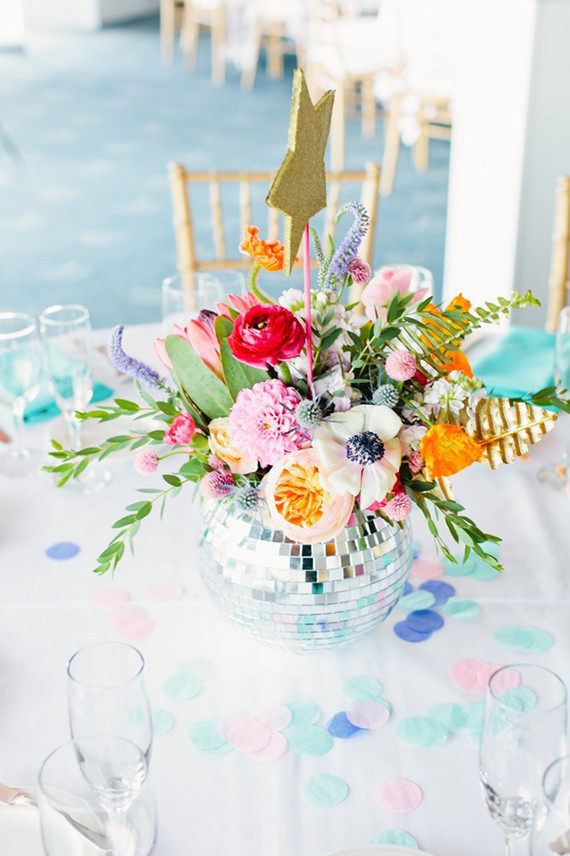 80's pop themed wedding discoball centerpiece