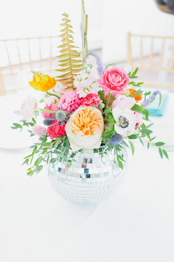 Disco Ball centerpiece with colorful florals