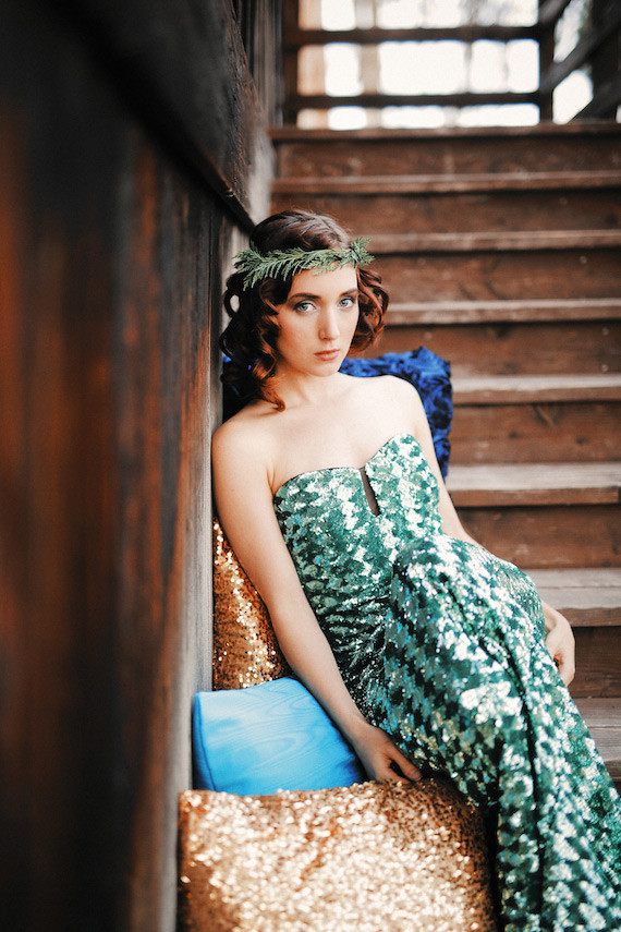 Bride in green wedding dress