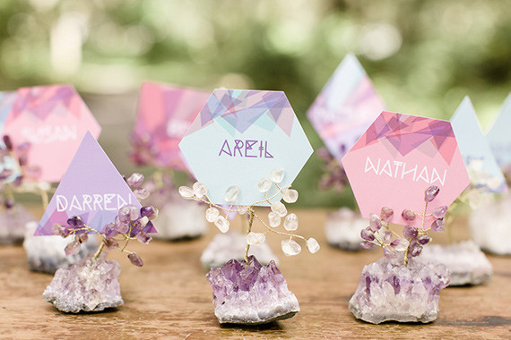Modern Bohemian Wedding Purple and Blue Escort Cards Inspiration