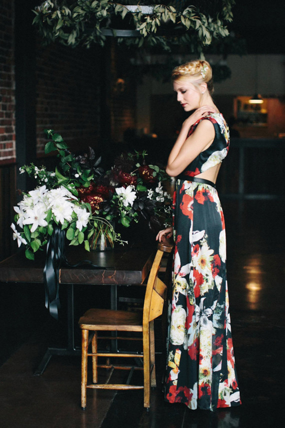 Black and red floral wedding dress