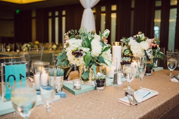 Gold and blue modern wedding tablescape