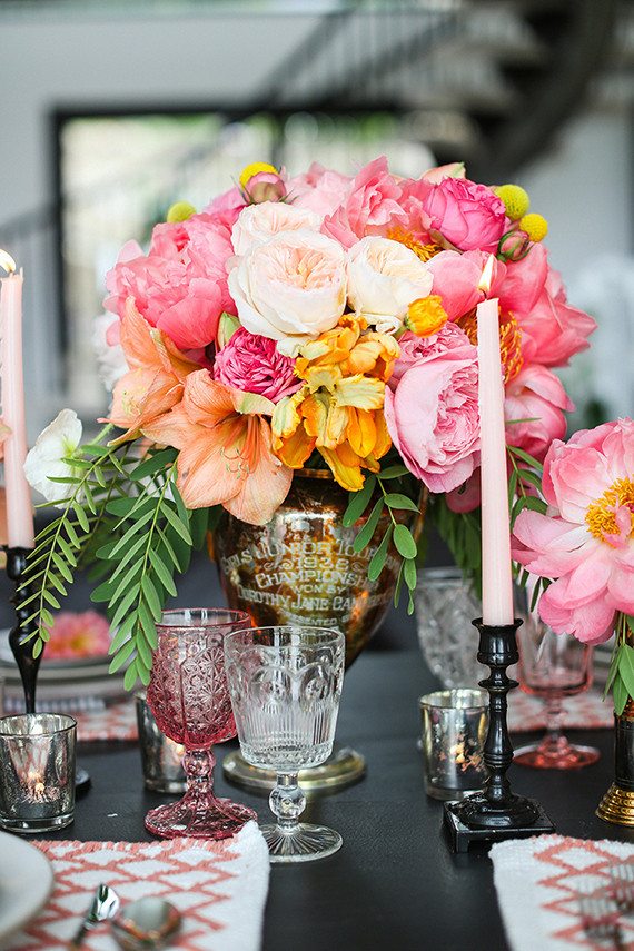 Colorful pink tablescape and flowers