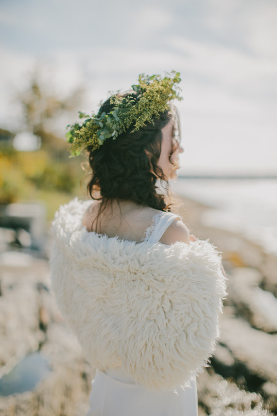 Fall Coastal Bride with fur vest and yellow flower crown