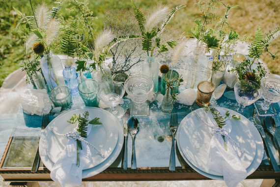 Golden Fall light blue and green tablescape Inspiration